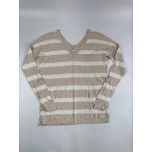Old Navy Women's S Creme and Light Brown Striped V Neck Front and Back Sweater